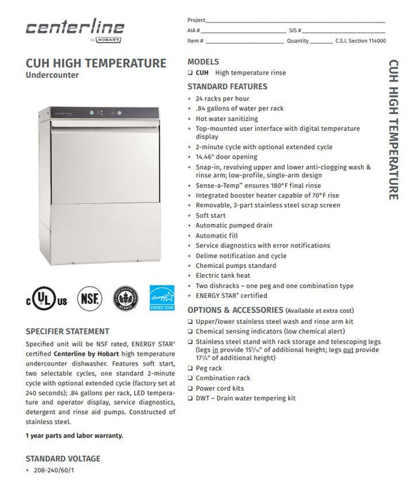 Centerline by Hobart CUH-1 High Temp Rack Undercounter Dishwasher - (24) Racks/hr, 208-240v/1ph