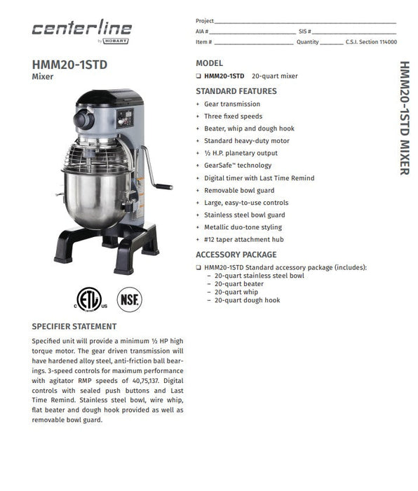 Centerline by Hobart HMM20-1STD Centerline 20 qt Planetary Mixer - Bench Type, 1/2 hp, 100-120v