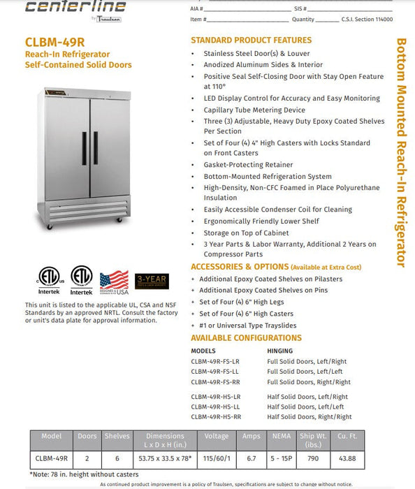 Centerline by Traulsen CLBM-49R-FS-LR 54" Two Section Reach In Refrigerator, 115v