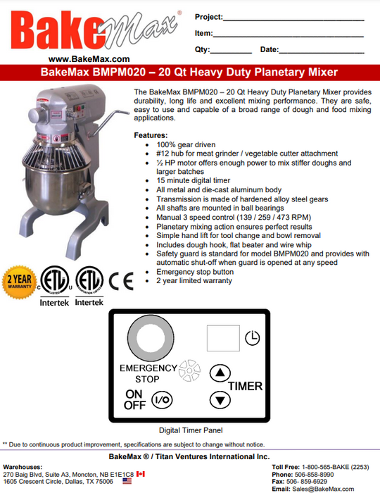 BakeMax 20qt Planetary Mixer - 3 Speed BMPM020