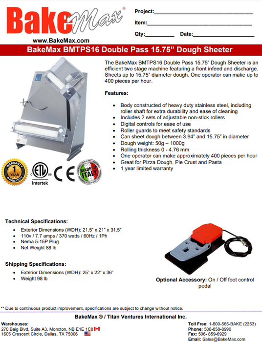 BakeMax 16" Double Pass Dough Sheeter