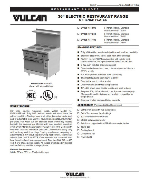 Vulcan EV36S-6FP208 36" Stainless Steel Electric Range with Standard Oversized Oven Base and Six French Hotplates, 208V